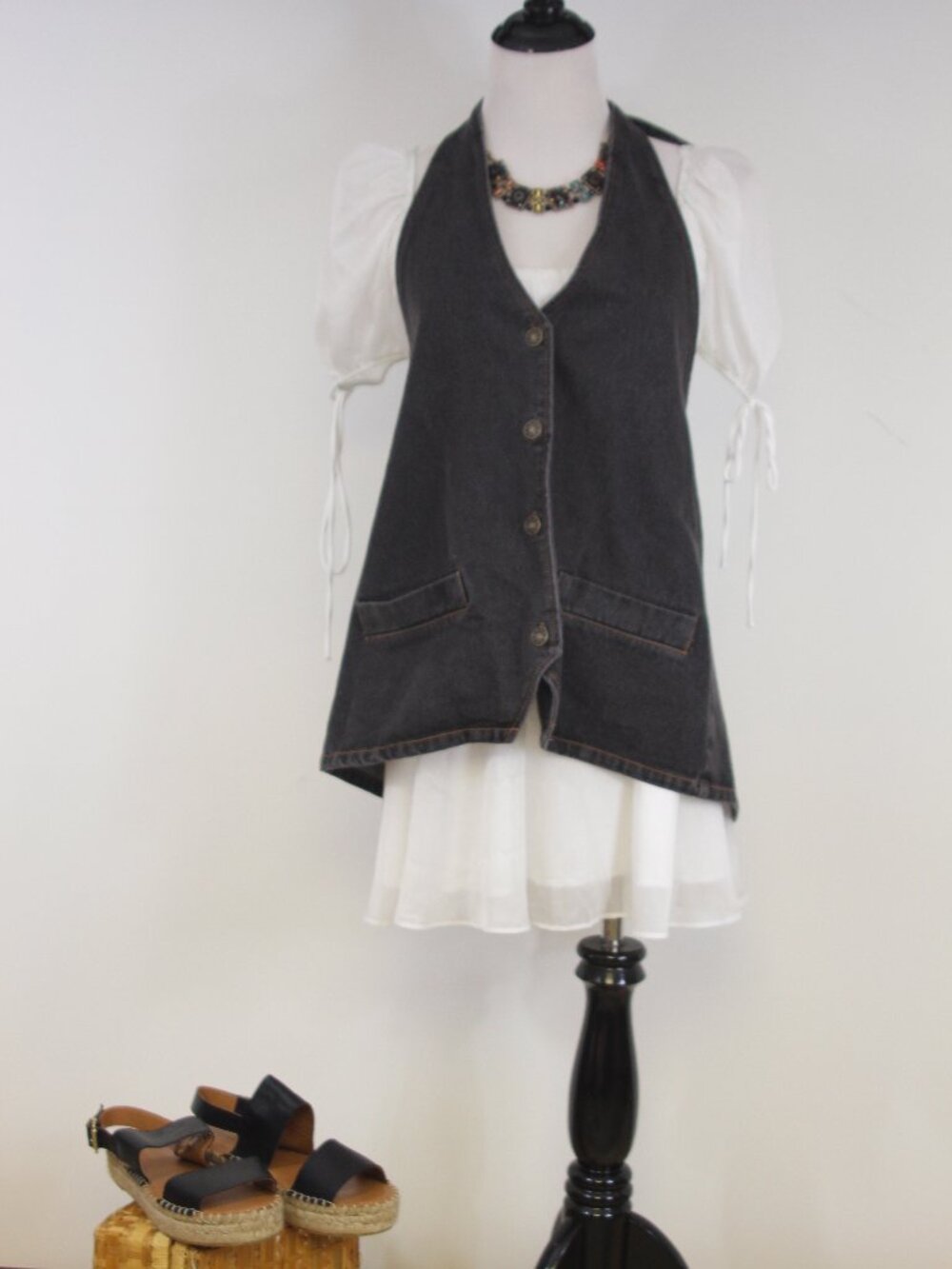 NWT Lioness Hills Washed Black Denim Halter Top Oversized Western Boho Chic
